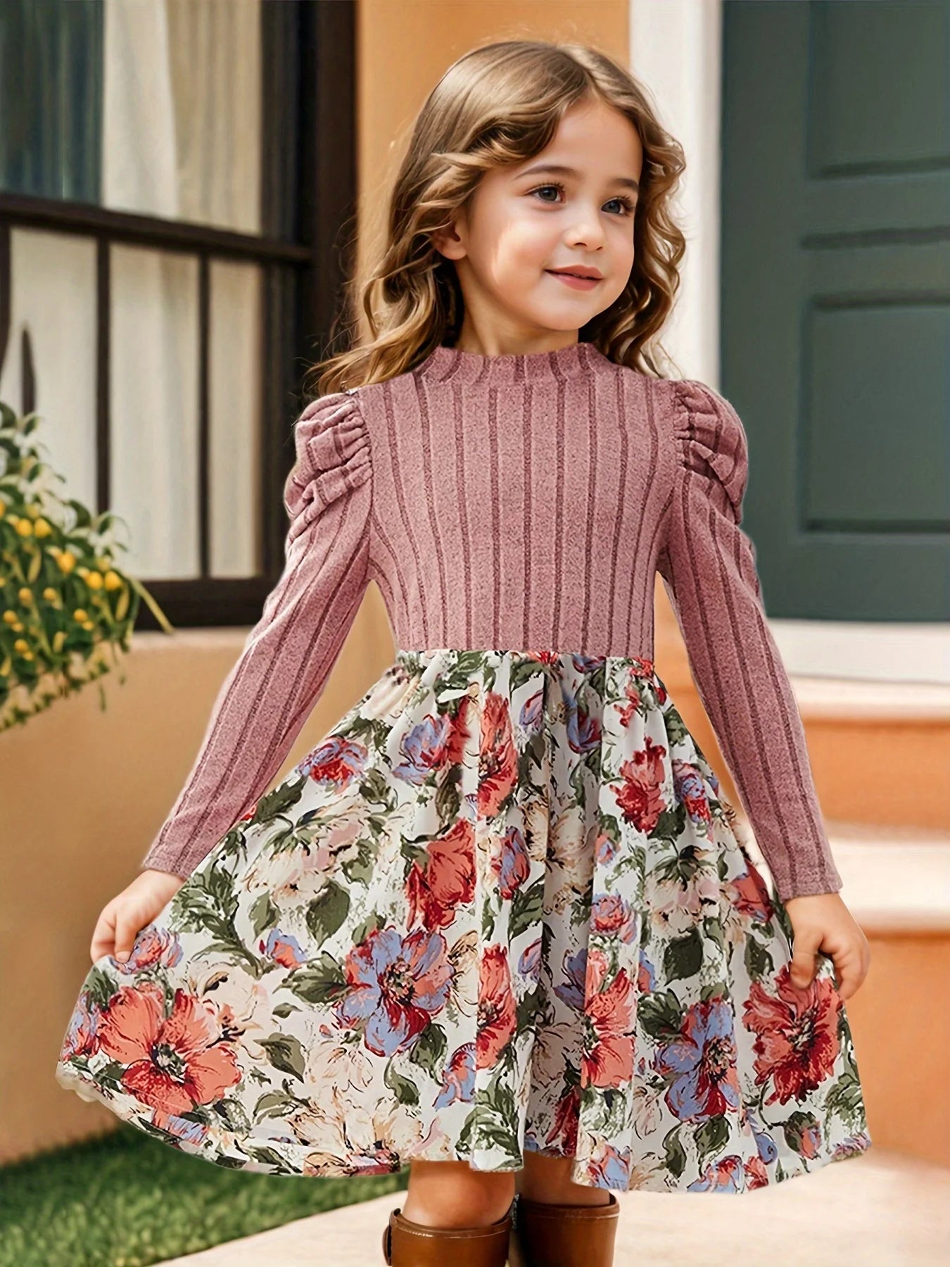 Girls Floral Print Long Sleeve Dress – Puff Sleeve Casual Skirt for Kids