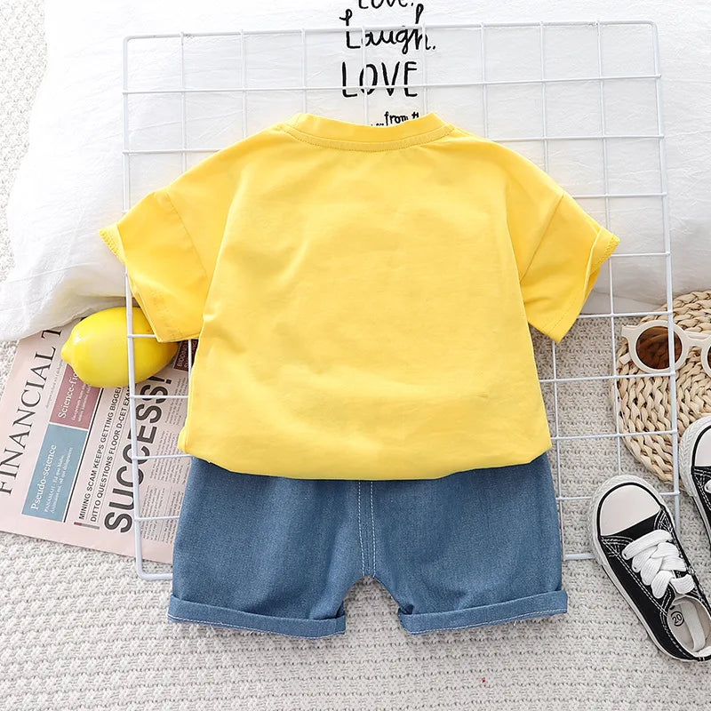 Kids 2PCS Summer Set – Cartoon Car Cotton T-Shirt & Denim Shorts for Boys & Girls