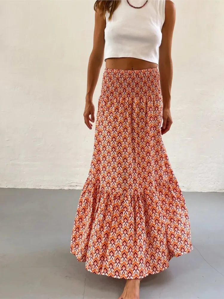 Women’s Boho Maxi Skirt – Floral Print Elastic Waist