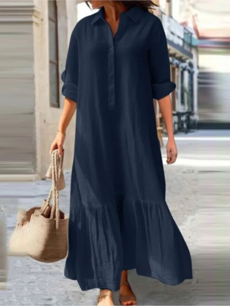 Women’s Long Sleeve Shirt Dress – Elegant Solid Color Office Wear