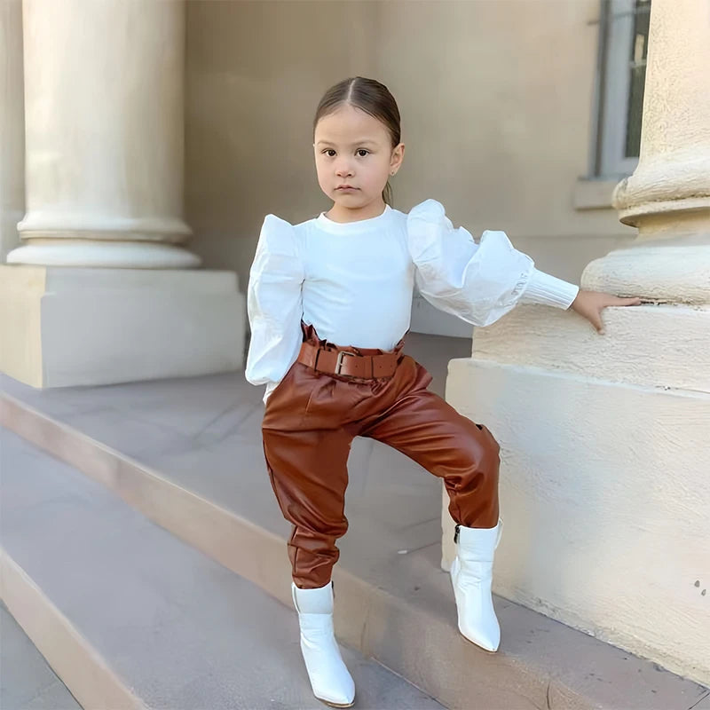 Long Puff Sleeve Ribbed Blouse Tops+PU Leather Pants