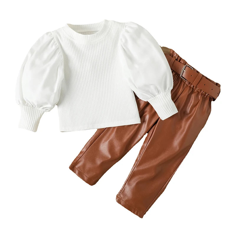 Long Puff Sleeve Ribbed Blouse Tops+PU Leather Pants