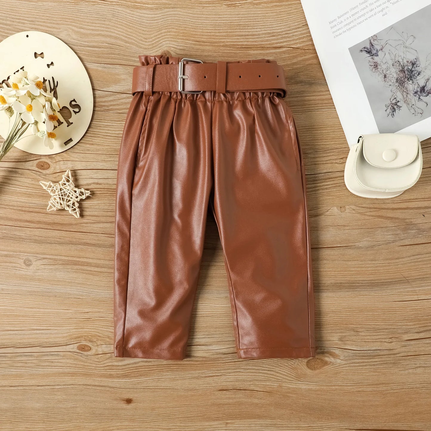 Long Puff Sleeve Ribbed Blouse Tops+PU Leather Pants