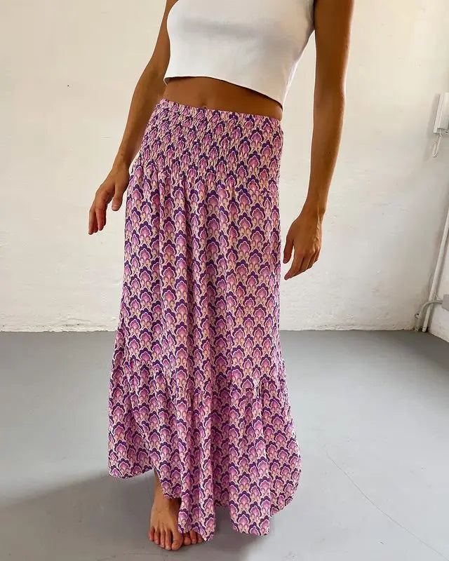 Women’s Boho Maxi Skirt – Floral Print Elastic Waist