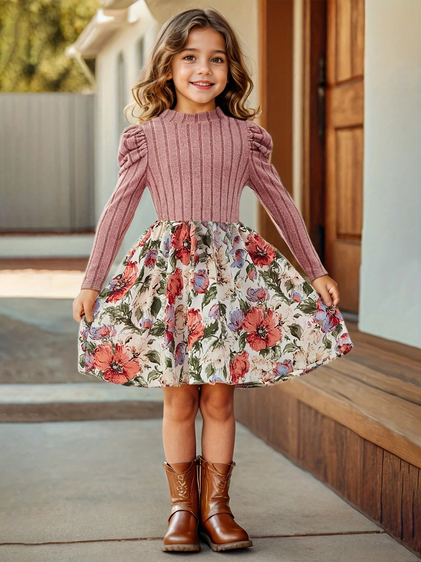 Girls Floral Print Long Sleeve Dress – Puff Sleeve Casual Skirt for Kids
