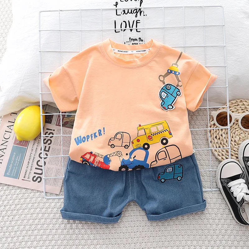 Kids 2PCS Summer Set – Cartoon Car Cotton T-Shirt & Denim Shorts for Boys & Girls