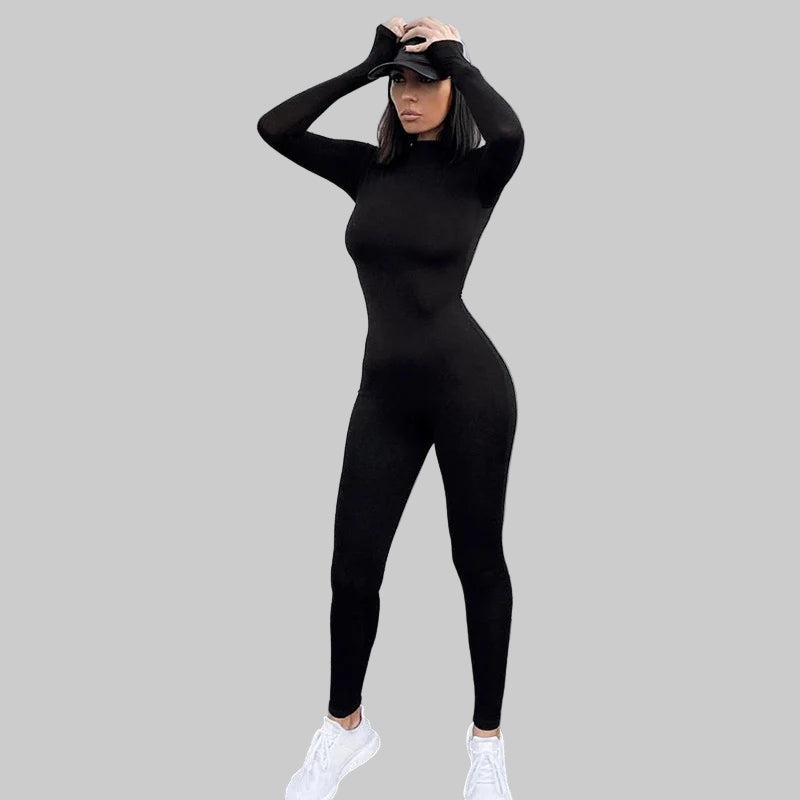 Women’s Black Bodycon Jumpsuit – Long Sleeve Streetwear Romper