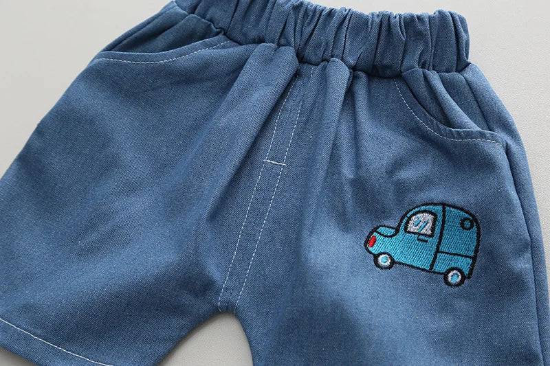 Kids 2PCS Summer Set – Cartoon Car Cotton T-Shirt & Denim Shorts for Boys & Girls