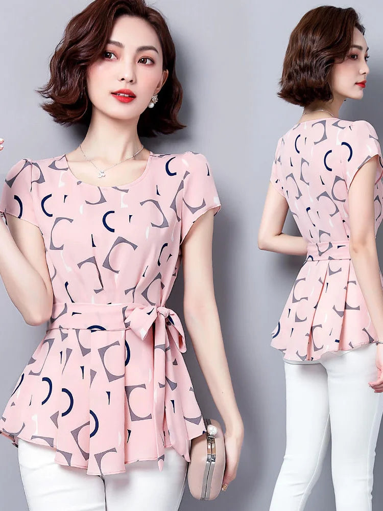 Women’s Summer Chiffon Blouse – Short Sleeve O-Neck Polka Dot Casual Top