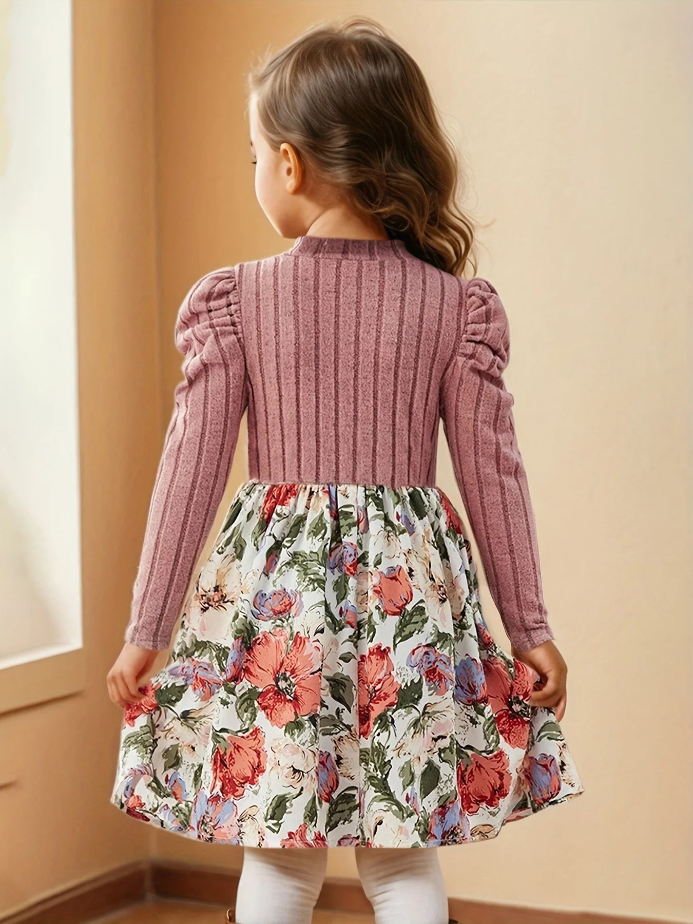 Girls Floral Print Long Sleeve Dress – Puff Sleeve Casual Skirt for Kids