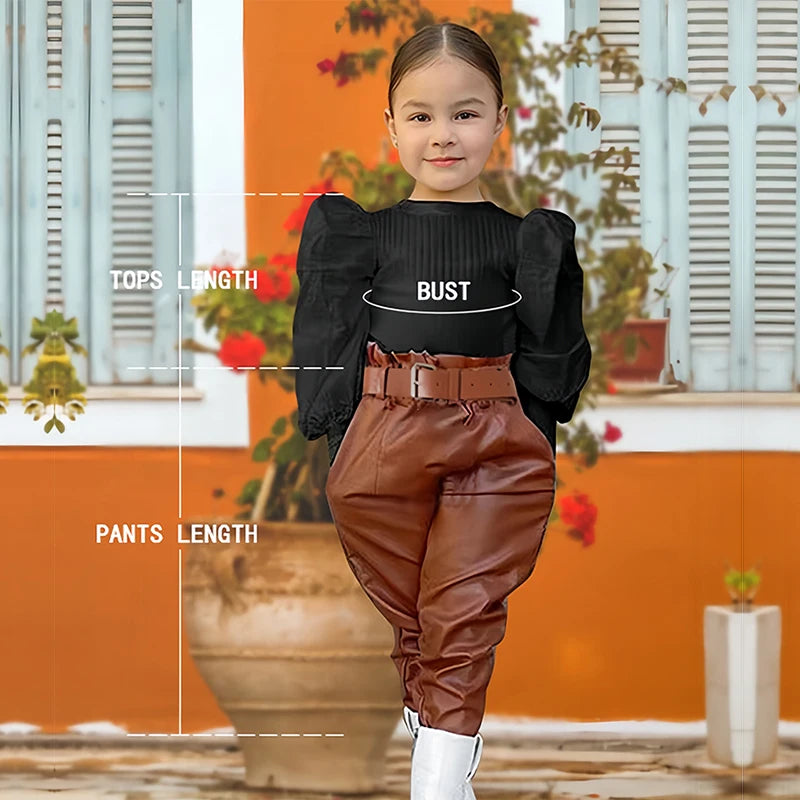 Long Puff Sleeve Ribbed Blouse Tops+PU Leather Pants