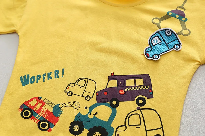 Kids 2PCS Summer Set – Cartoon Car Cotton T-Shirt & Denim Shorts for Boys & Girls