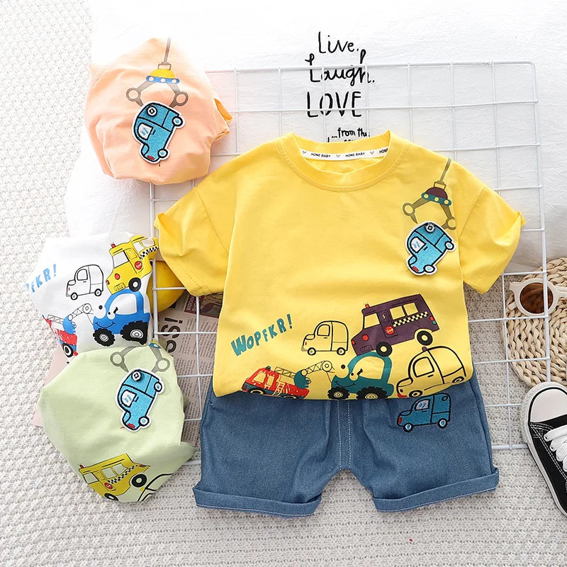 Kids 2PCS Summer Set – Cartoon Car Cotton T-Shirt & Denim Shorts for Boys & Girls