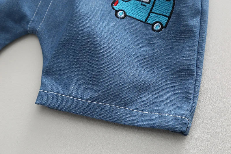 Kids 2PCS Summer Set – Cartoon Car Cotton T-Shirt & Denim Shorts for Boys & Girls
