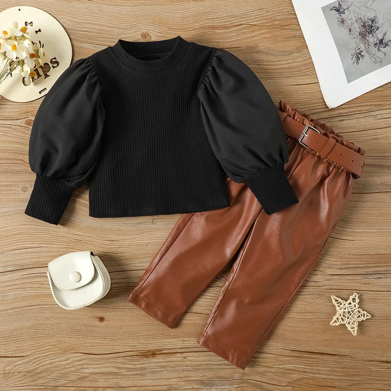 Long Puff Sleeve Ribbed Blouse Tops+PU Leather Pants