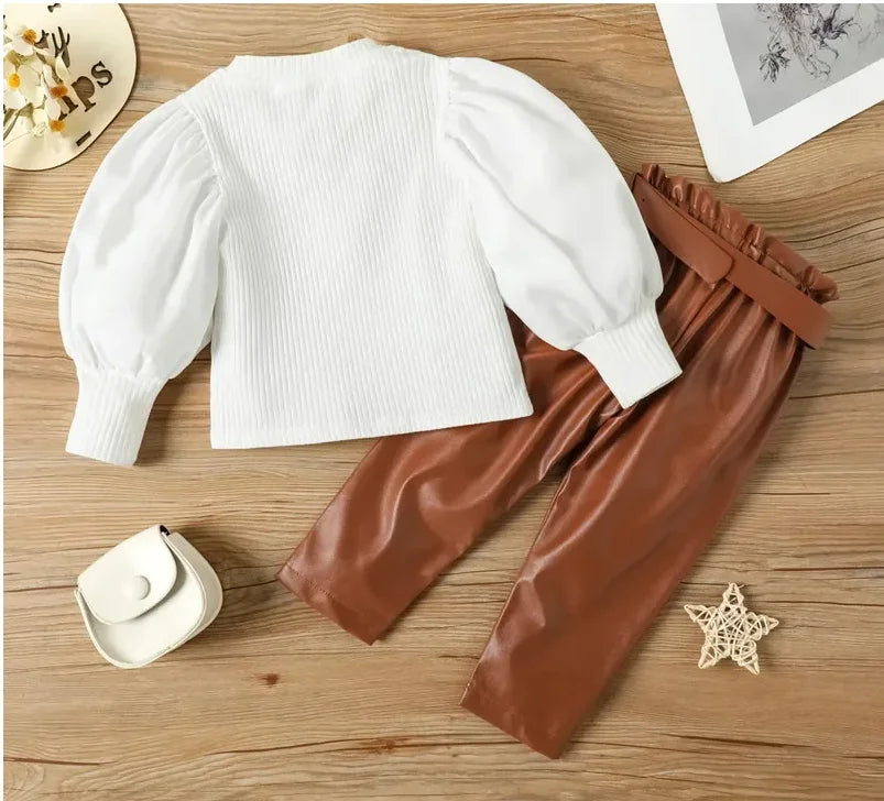 Long Puff Sleeve Ribbed Blouse Tops+PU Leather Pants