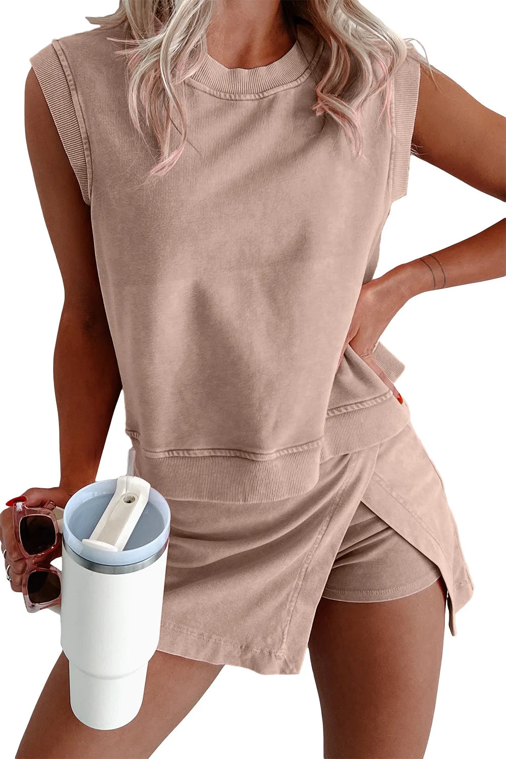 Cotton Pullover Top+Splicing High Waist Skirt Shorts