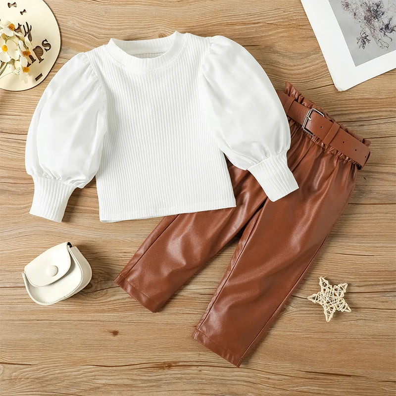 Long Puff Sleeve Ribbed Blouse Tops+PU Leather Pants