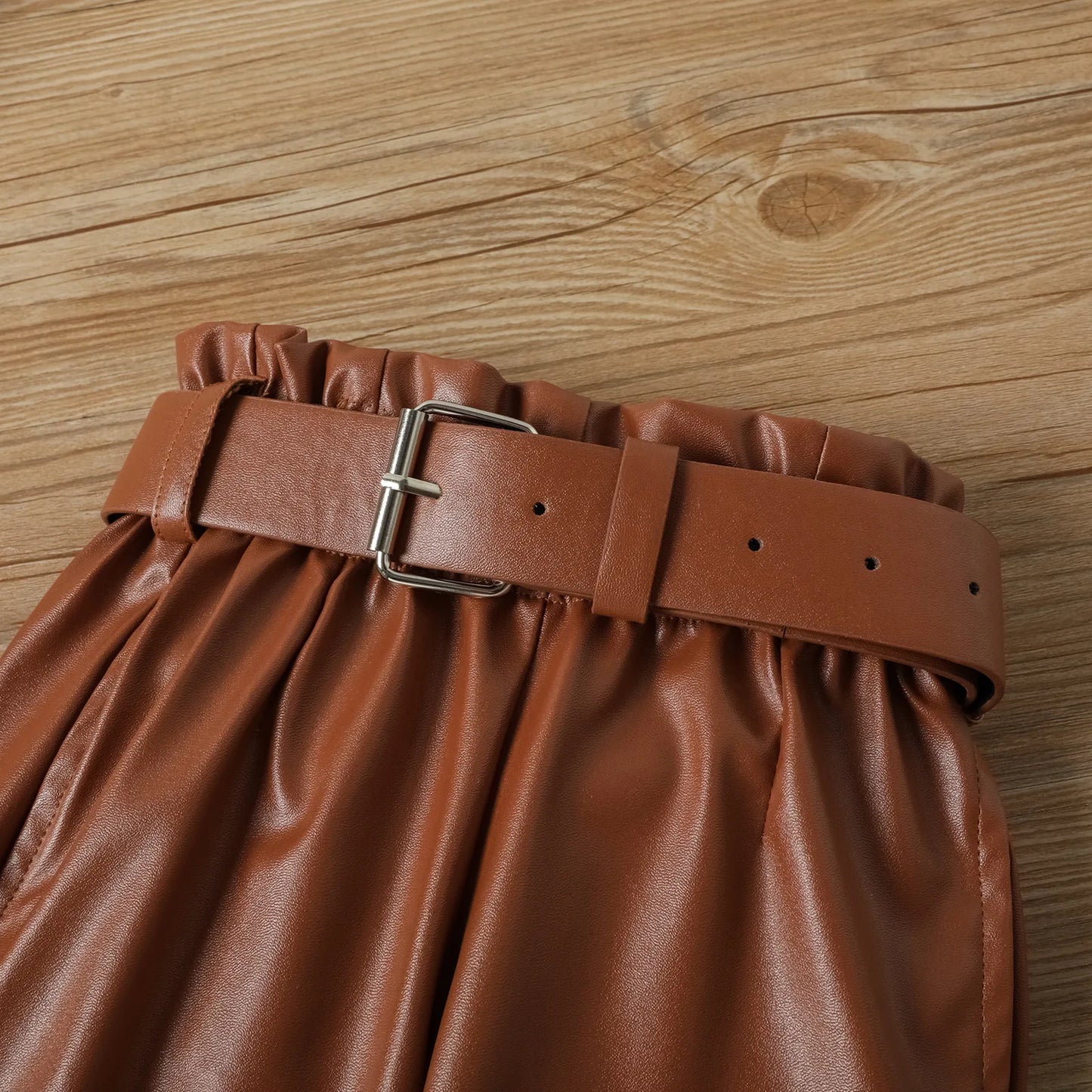Long Puff Sleeve Ribbed Blouse Tops+PU Leather Pants
