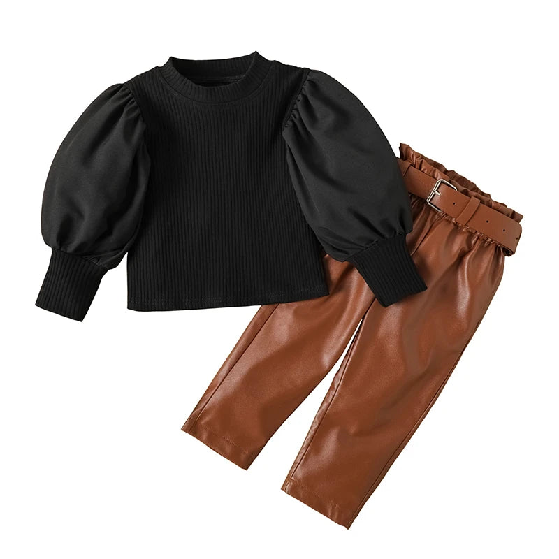 Long Puff Sleeve Ribbed Blouse Tops+PU Leather Pants