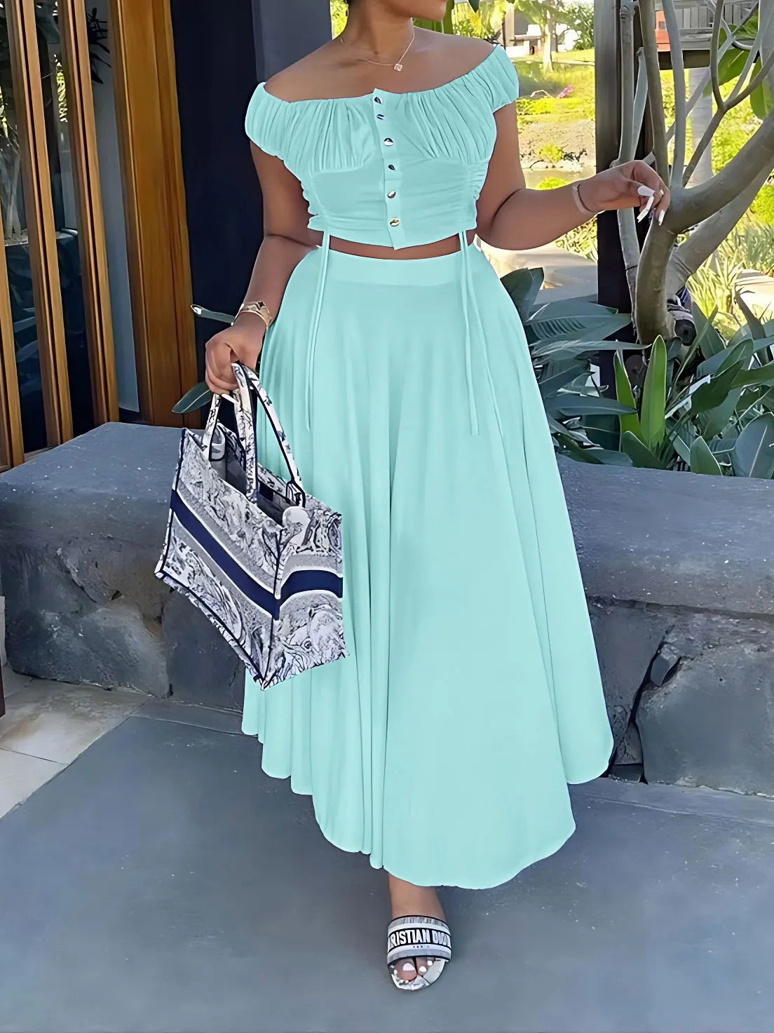 Off Shoulder Crop Top & Long Skirt Set