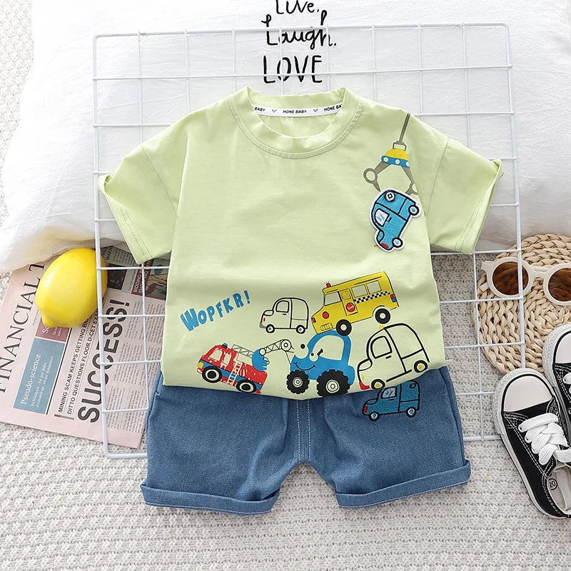 Kids 2PCS Summer Set – Cartoon Car Cotton T-Shirt & Denim Shorts for Boys & Girls