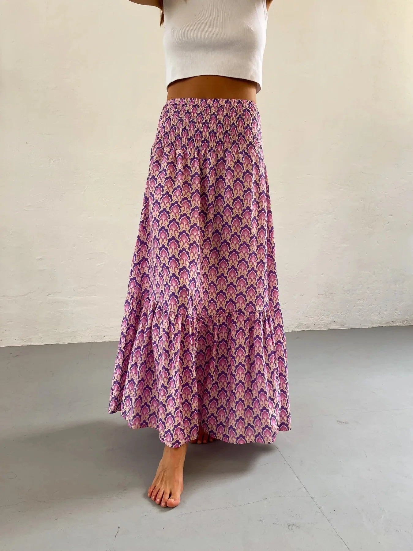 Women’s Boho Maxi Skirt – Floral Print Elastic Waist