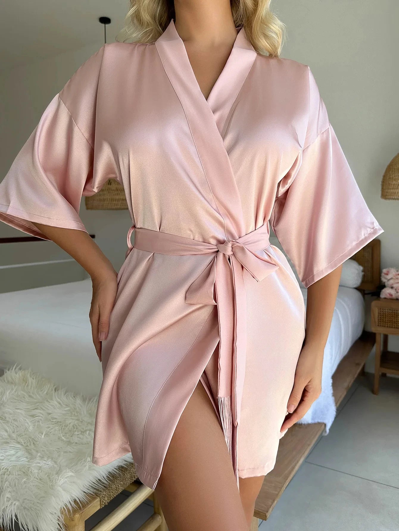 Women’s Silky Pajama Dress – Four Seasons Solid Lace Nightgown & Homewear