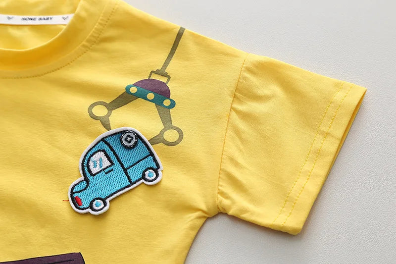 Kids 2PCS Summer Set – Cartoon Car Cotton T-Shirt & Denim Shorts for Boys & Girls