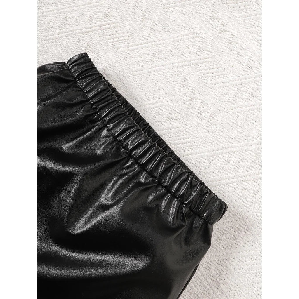 Fashion Girl Sleeveless T-shirt Leather Skirt