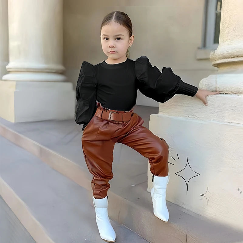 Long Puff Sleeve Ribbed Blouse Tops+PU Leather Pants
