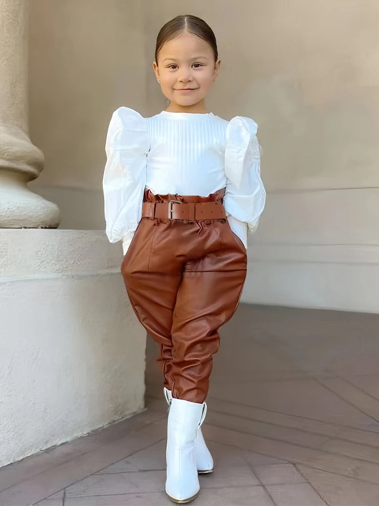 Long Puff Sleeve Ribbed Blouse Tops+PU Leather Pants