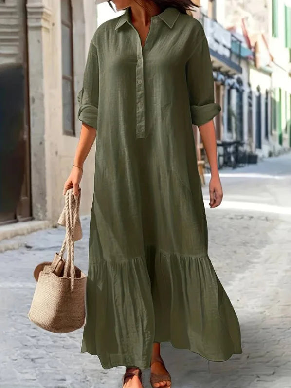 Women’s Long Sleeve Shirt Dress – Elegant Solid Color Office Wear