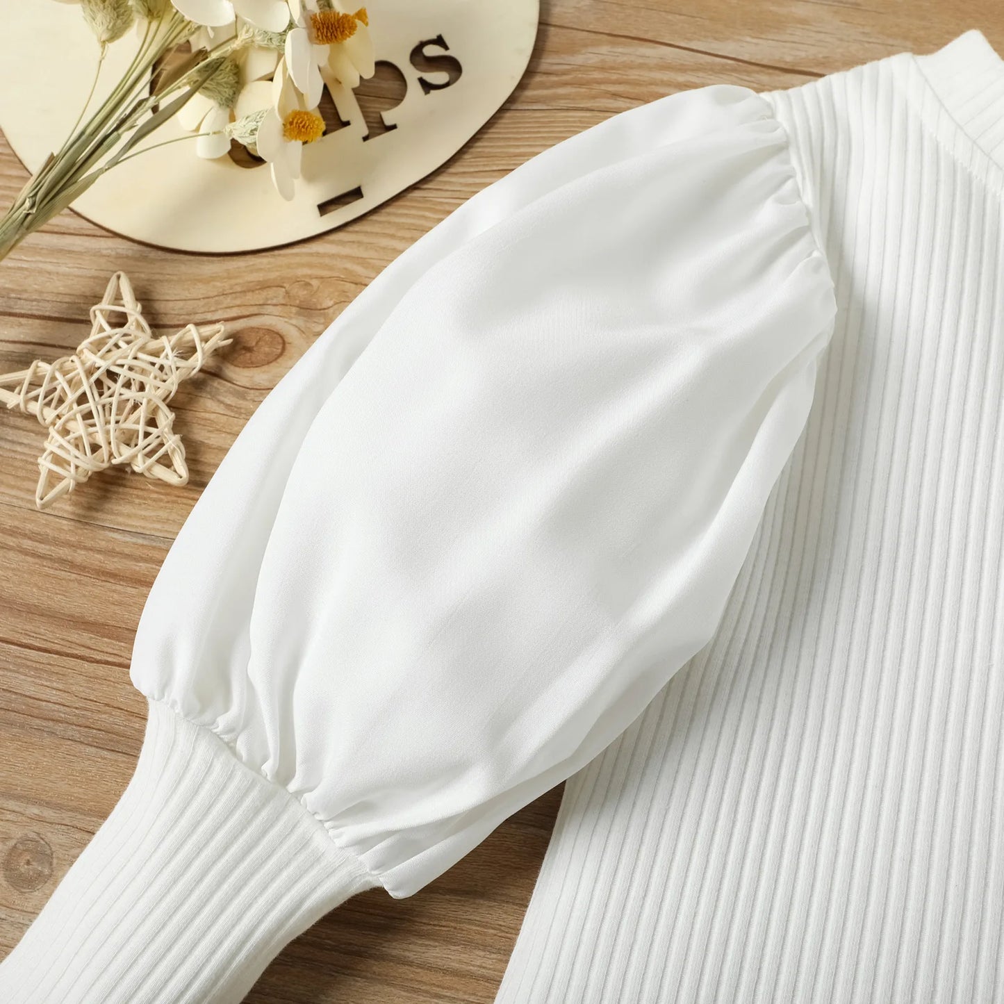 Long Puff Sleeve Ribbed Blouse Tops+PU Leather Pants