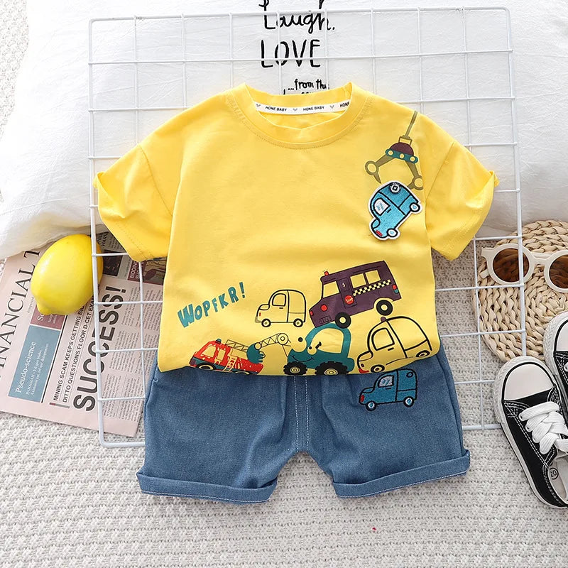 Kids 2PCS Summer Set – Cartoon Car Cotton T-Shirt & Denim Shorts for Boys & Girls