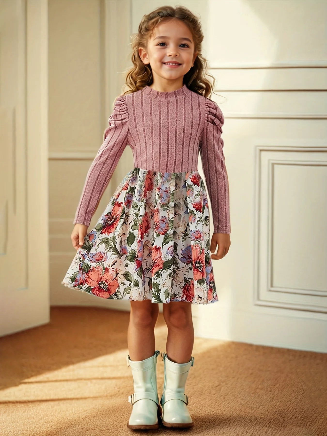Girls Floral Print Long Sleeve Dress – Puff Sleeve Casual Skirt for Kids
