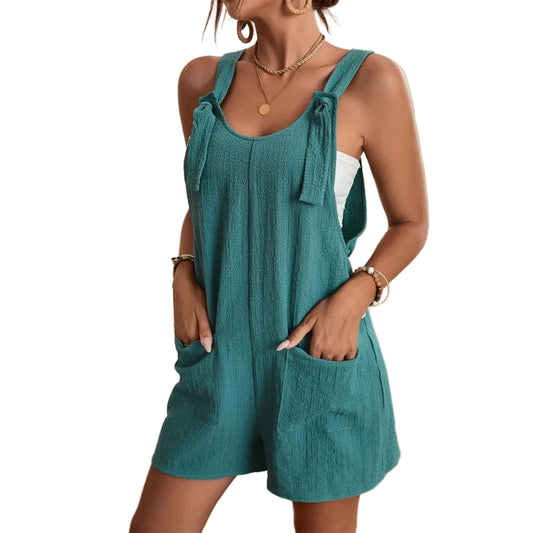 Fashion Women's Jumpsuit Summer 2024 Strappy Sleeveless Casual Loose Solid With Pockets Short Overalls Office Ladies Streetwear