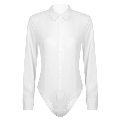 Women’s Slim White Long Sleeve Blouse – Office Work Shirt & Leotard Top