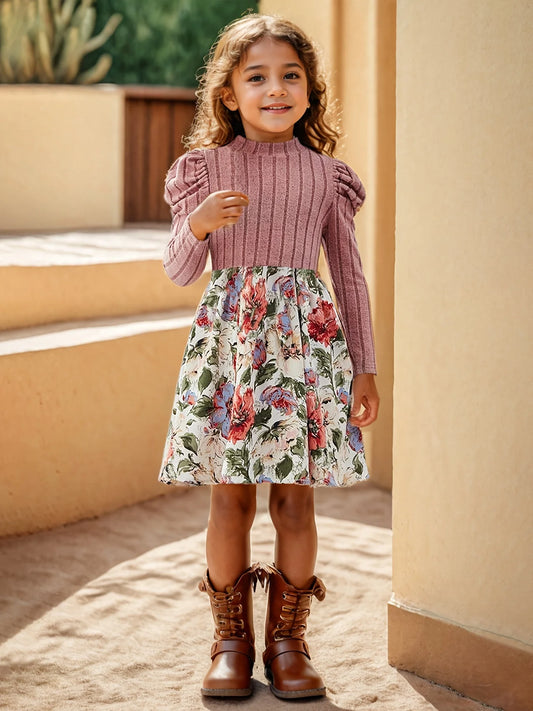 Girls Floral Print Long Sleeve Dress – Puff Sleeve Casual Skirt for Kids