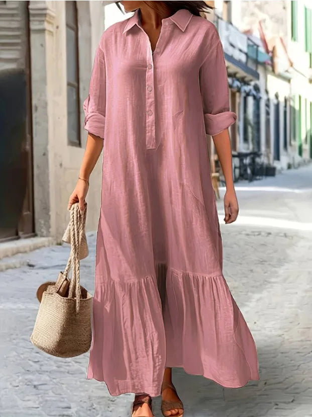 Women’s Long Sleeve Shirt Dress – Elegant Solid Color Office Wear