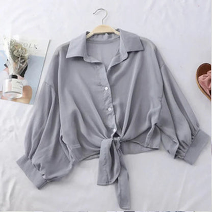 Elegant Chiffon Blouse – Loose Tie Waist, Half Bat Sleeve, Summer Button