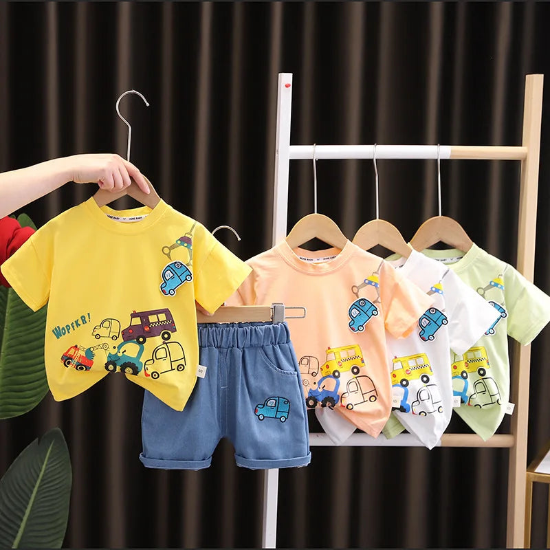 Kids 2PCS Summer Set – Cartoon Car Cotton T-Shirt & Denim Shorts for Boys & Girls
