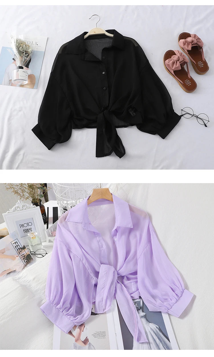 Elegant Chiffon Blouse – Loose Tie Waist, Half Bat Sleeve, Summer Button
