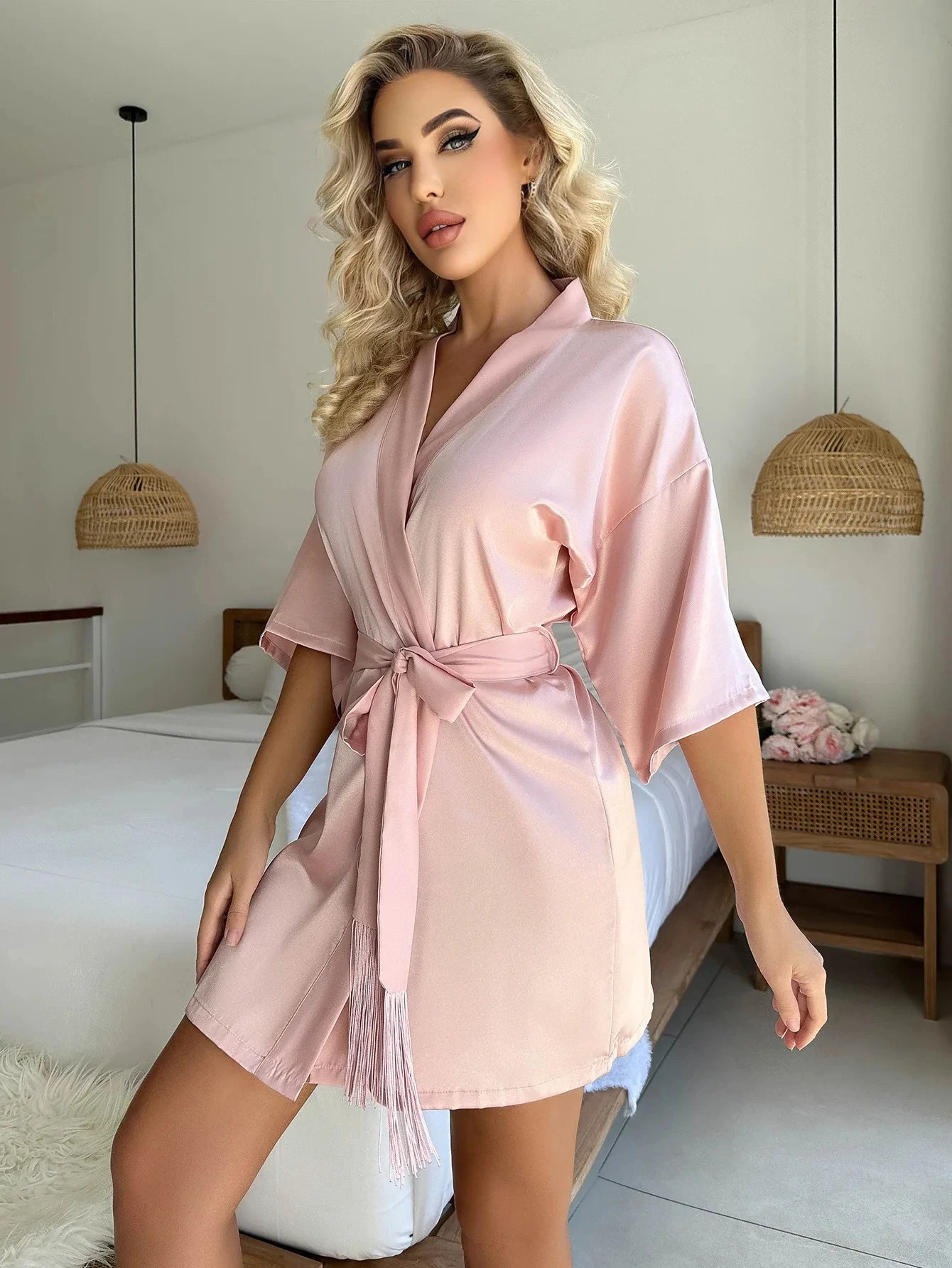 Women’s Silky Pajama Dress – Four Seasons Solid Lace Nightgown & Homewear