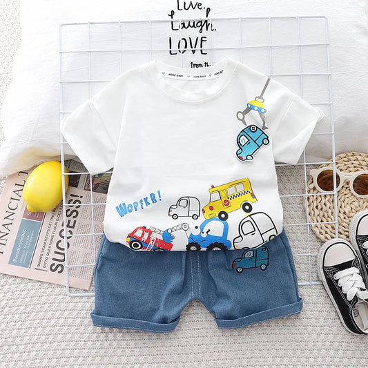 Kids 2PCS Summer Set – Cartoon Car Cotton T-Shirt & Denim Shorts for Boys & Girls