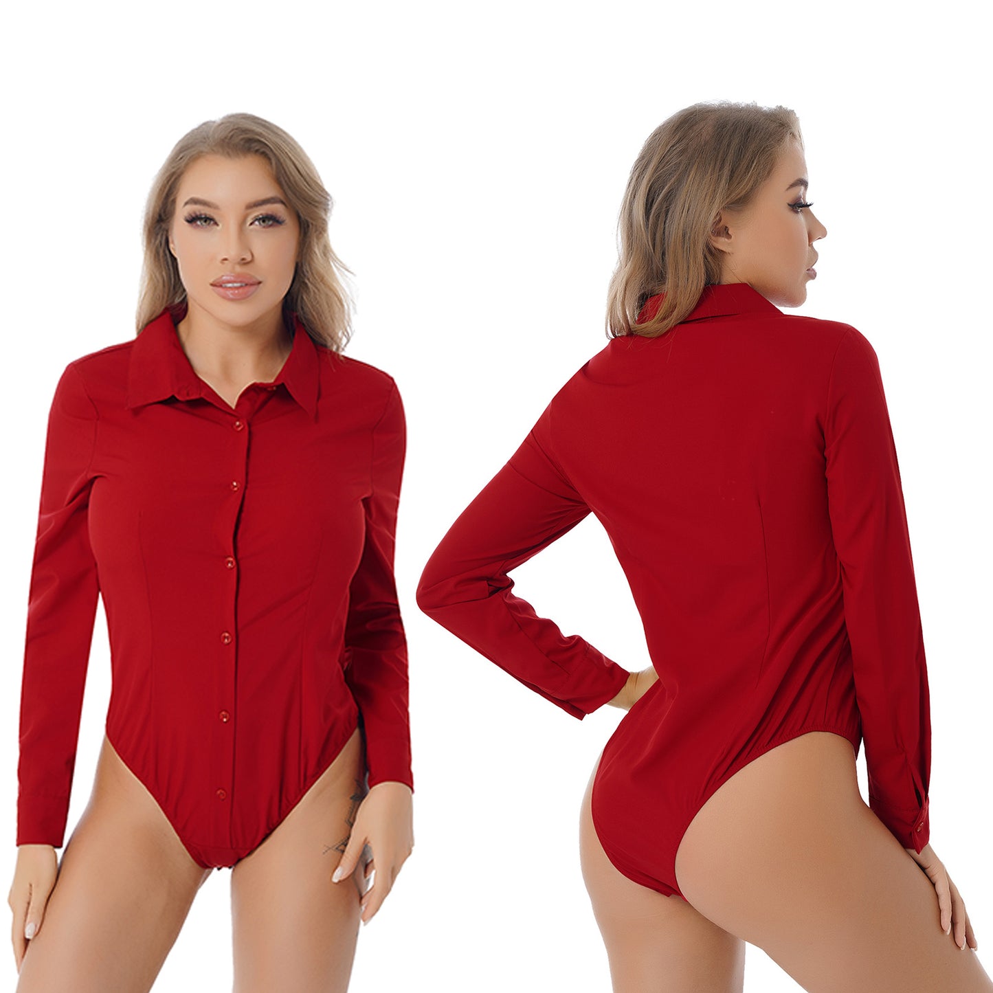 Women’s Slim White Long Sleeve Blouse – Office Work Shirt & Leotard Top