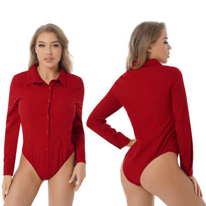 Women’s Slim White Long Sleeve Blouse – Office Work Shirt & Leotard Top