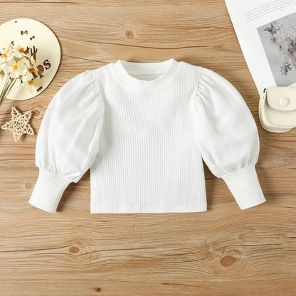Long Puff Sleeve Ribbed Blouse Tops+PU Leather Pants