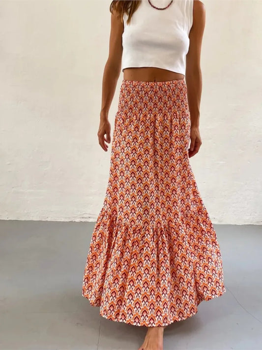 Women’s Boho Maxi Skirt – Floral Print Elastic Waist