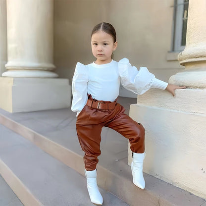 Long Puff Sleeve Ribbed Blouse Tops+PU Leather Pants
